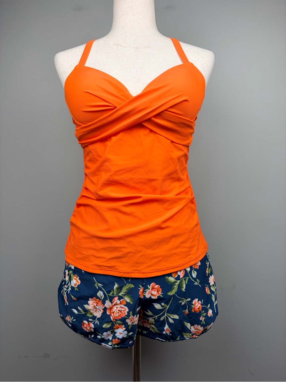 Tempt Me Tankini Swimsuit S Orange‎ Twist Front Floral Boyshort Bottom NWT
